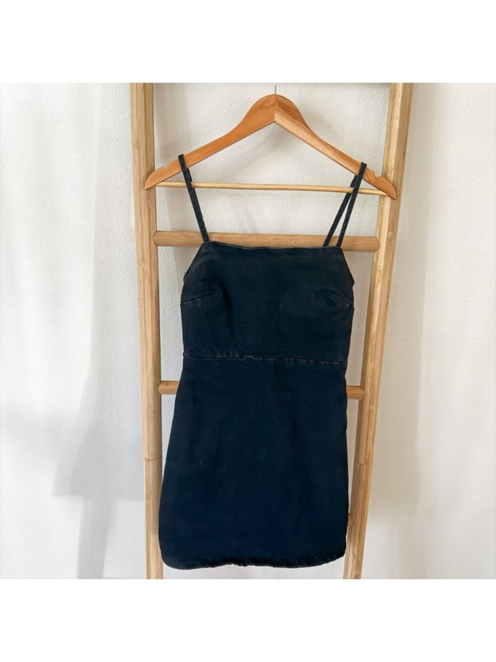 Zara Black Denim Mini Dress Spaghetti Strap Fitted Stretch Size Small - Picture 2 of 8